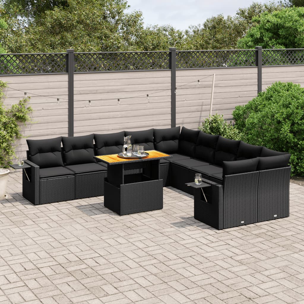 11-tlg. Garten-Sofagarnitur mit Kissen Schwarz Poly Rattan