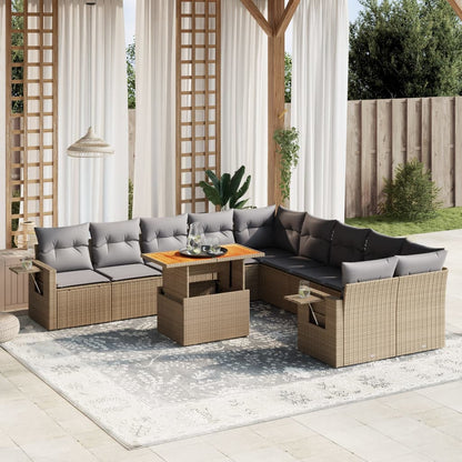 11-tlg. Garten-Sofagarnitur mit Kissen Beige Poly Rattan