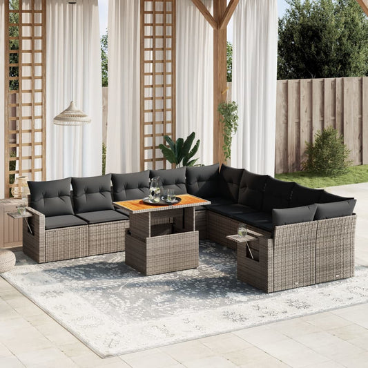 11-tlg. Garten-Sofagarnitur mit Kissen Grau Poly Rattan