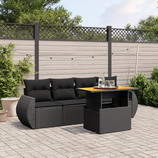 5-tlg. Garten-Sofagarnitur mit Kissen Schwarz Poly Rattan