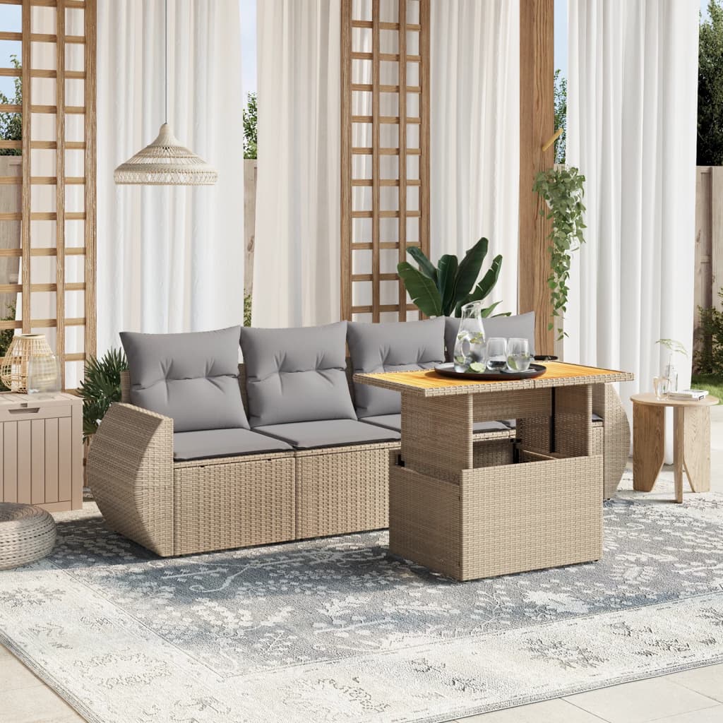 5-tlg. Garten-Sofagarnitur mit Kissen Beige Poly Rattan