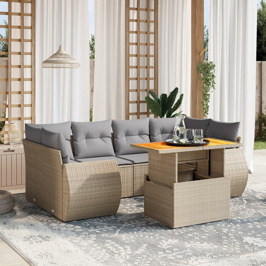 7-tlg. Garten-Sofagarnitur mit Kissen Beige Poly Rattan