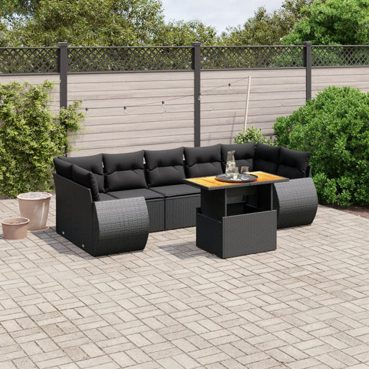 8-tlg. Garten-Sofagarnitur mit Kissen Schwarz Poly Rattan