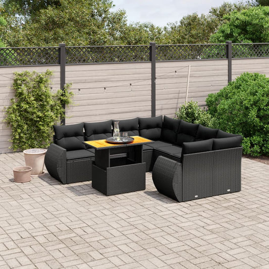 9-tlg. Garten-Sofagarnitur mit Kissen Schwarz Poly Rattan