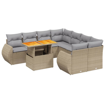 9-tlg. Garten-Sofagarnitur mit Kissen Beige Poly Rattan