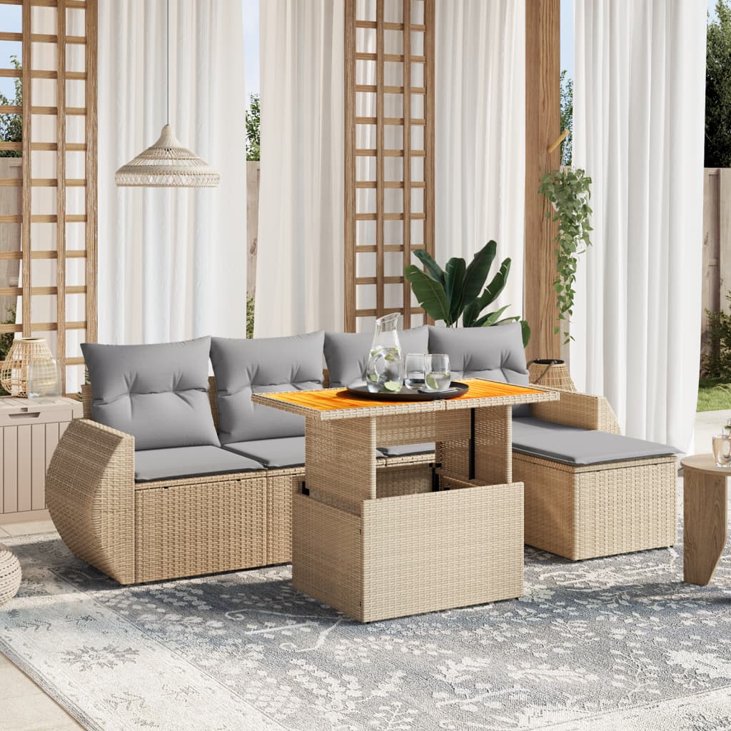 6-tlg. Garten-Sofagarnitur mit Kissen Beige Poly Rattan