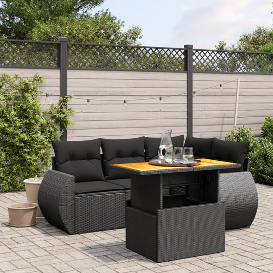 5-tlg. Garten-Sofagarnitur mit Kissen Schwarz Poly Rattan