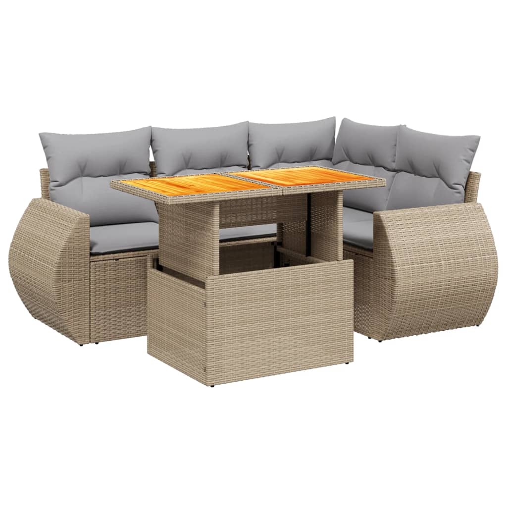 5-tlg. Garten-Sofagarnitur mit Kissen Beige Poly Rattan