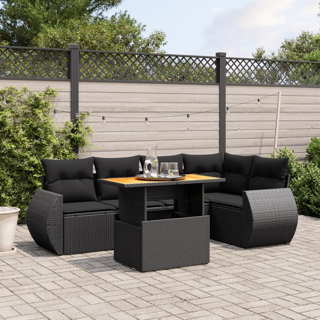 6-tlg. Garten-Sofagarnitur mit Kissen Schwarz Poly Rattan