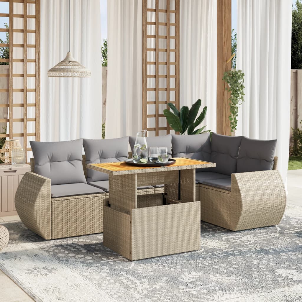 6-tlg. Garten-Sofagarnitur mit Kissen Beige Poly Rattan