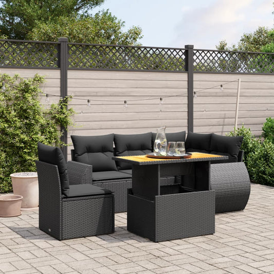 6-tlg. Garten-Sofagarnitur mit Kissen Schwarz Poly Rattan