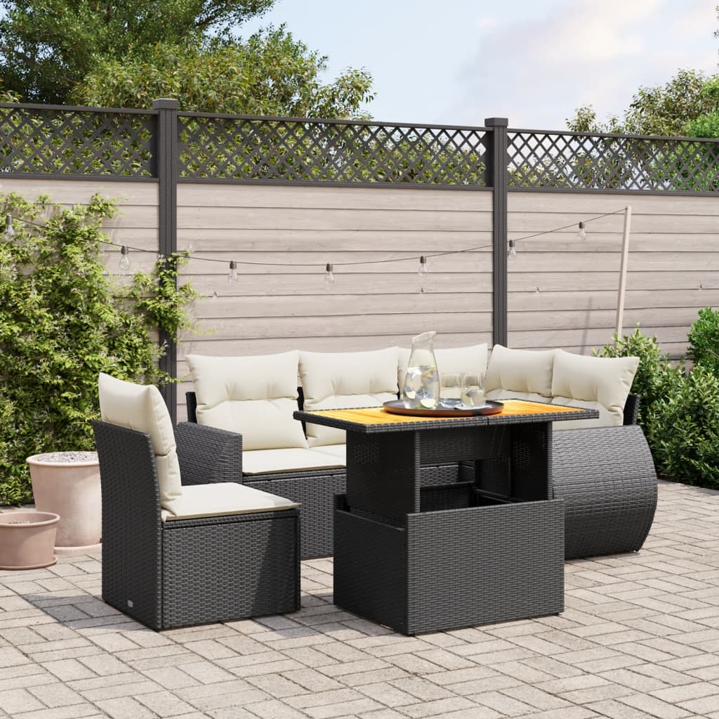 6-tlg. Garten-Sofagarnitur mit Kissen Schwarz Poly Rattan