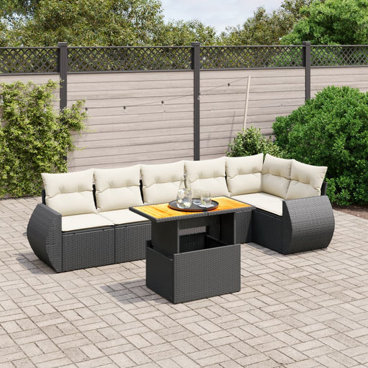 7-tlg. Garten-Sofagarnitur mit Kissen Schwarz Poly Rattan