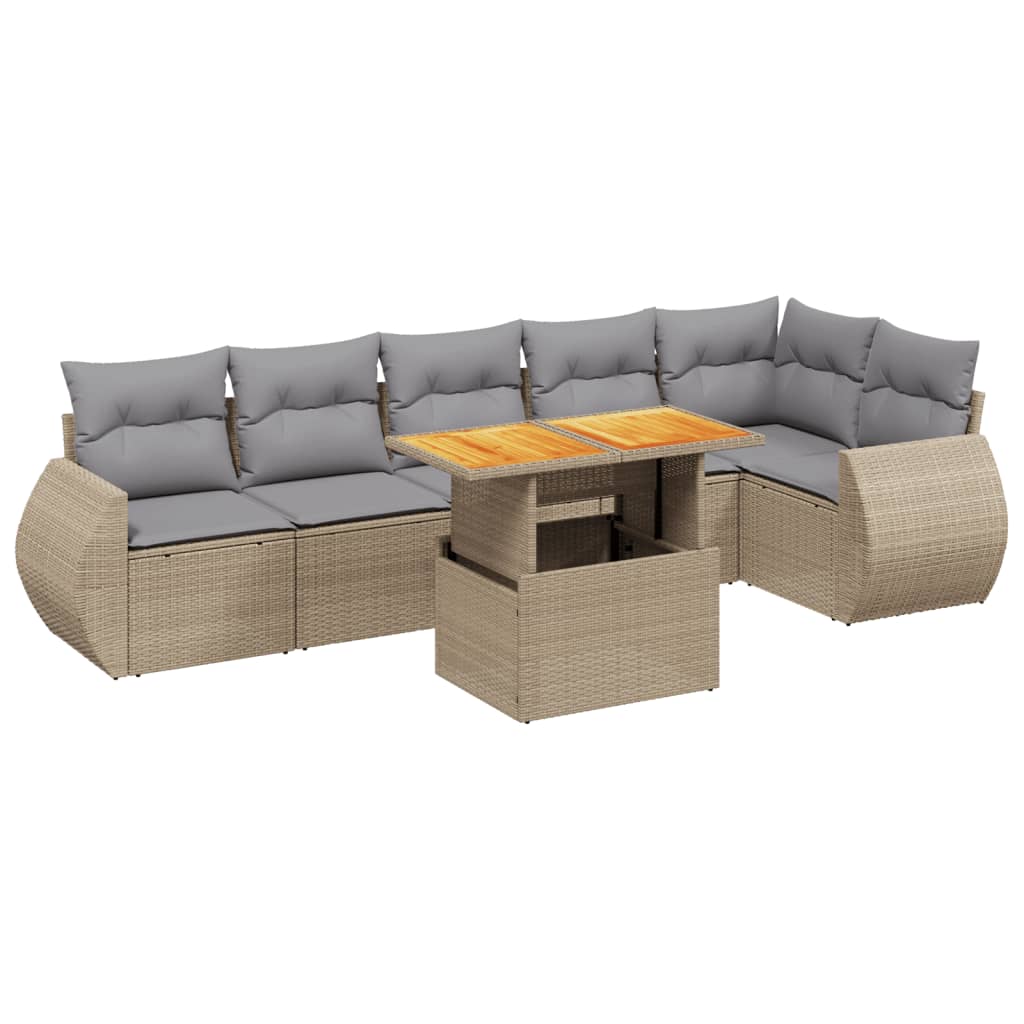 7-tlg. Garten-Sofagarnitur mit Kissen Beige Poly Rattan