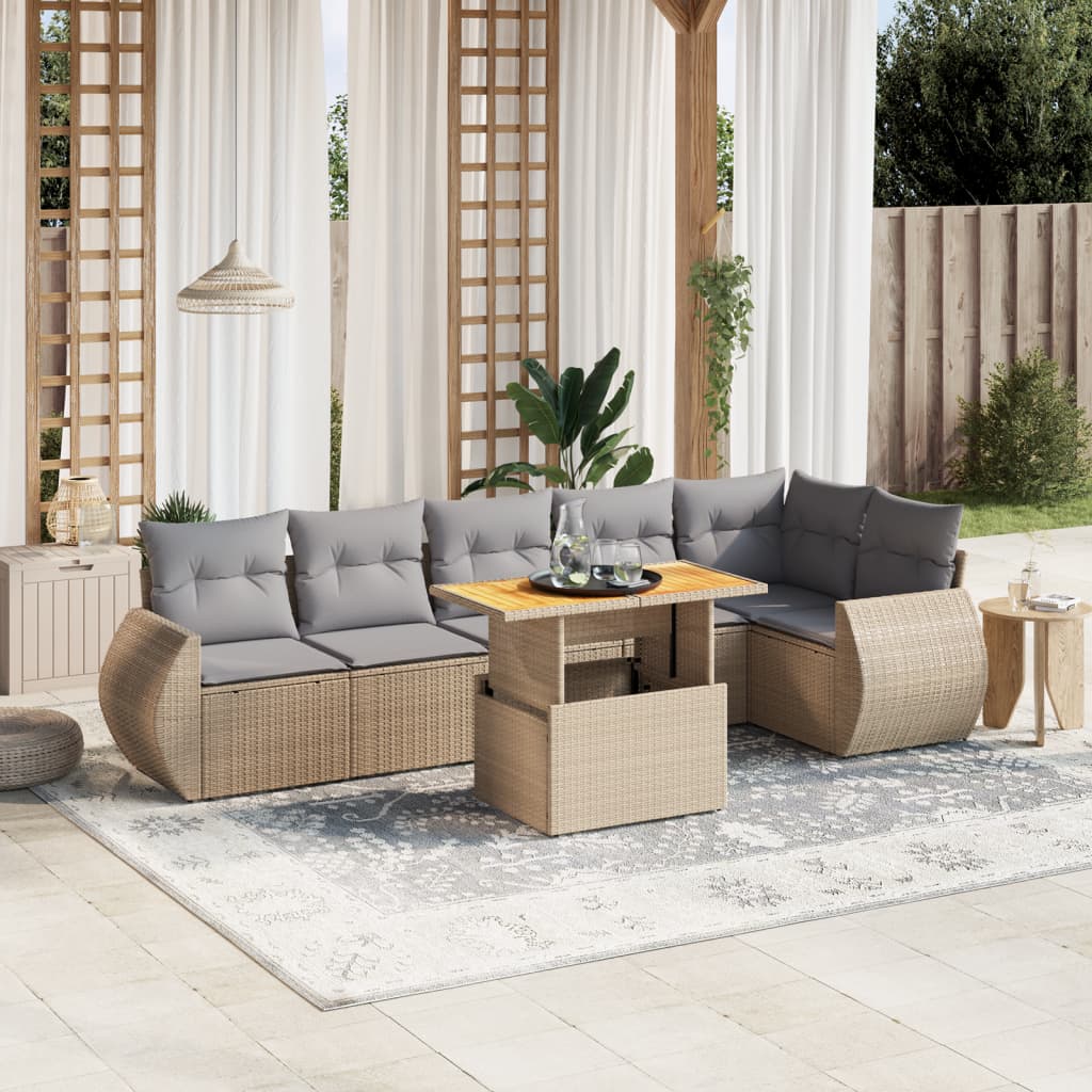 7-tlg. Garten-Sofagarnitur mit Kissen Beige Poly Rattan