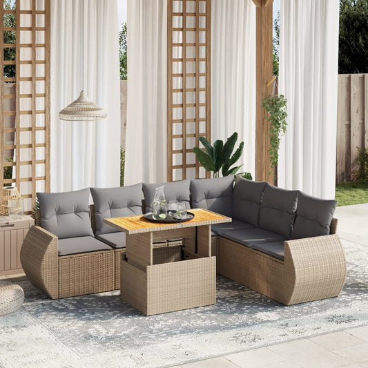 7-tlg. Garten-Sofagarnitur mit Kissen Beige Poly Rattan