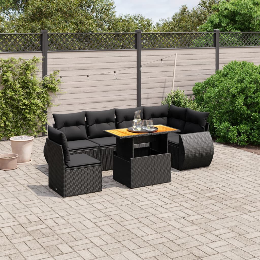 7-tlg. Garten-Sofagarnitur mit Kissen Schwarz Poly Rattan