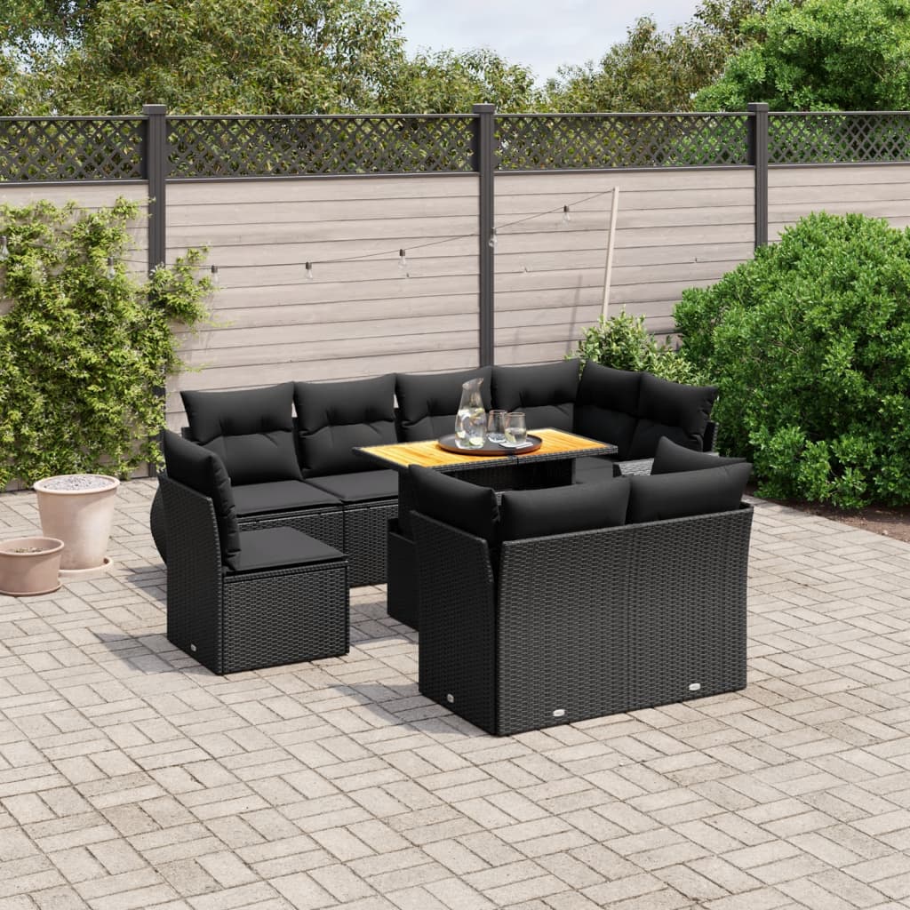 9-tlg. Garten-Sofagarnitur mit Kissen Schwarz Poly Rattan