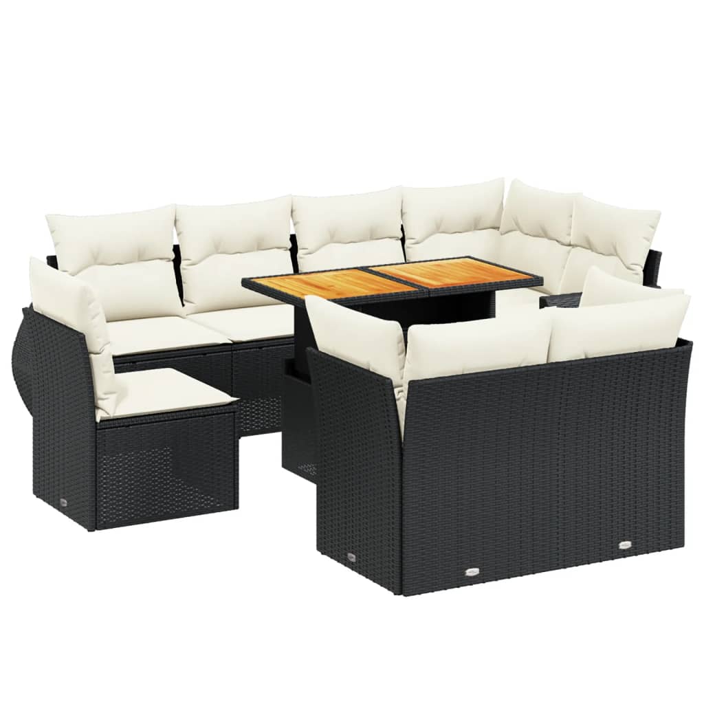 9-tlg. Garten-Sofagarnitur mit Kissen Schwarz Poly Rattan