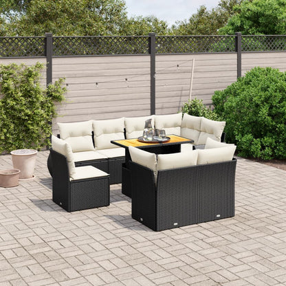 9-tlg. Garten-Sofagarnitur mit Kissen Schwarz Poly Rattan