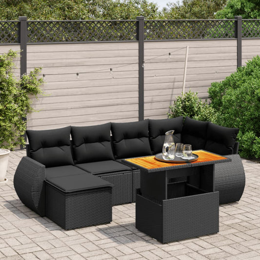 7-tlg. Garten-Sofagarnitur mit Kissen Schwarz Poly Rattan