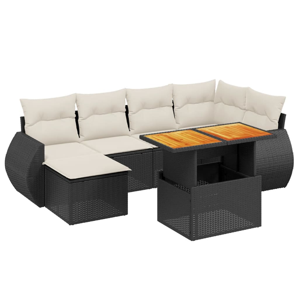 7-tlg. Garten-Sofagarnitur mit Kissen Schwarz Poly Rattan