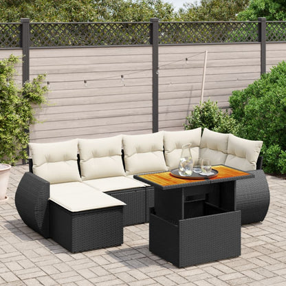 7-tlg. Garten-Sofagarnitur mit Kissen Schwarz Poly Rattan