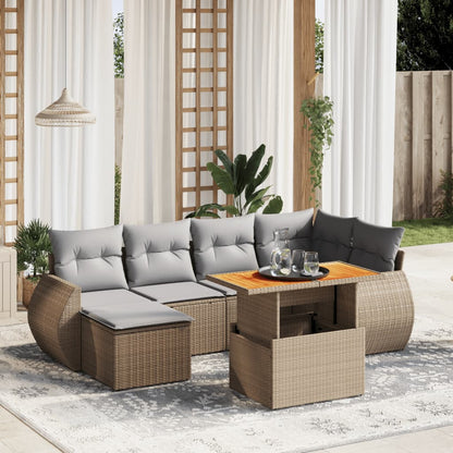 7-tlg. Garten-Sofagarnitur mit Kissen Beige Poly Rattan