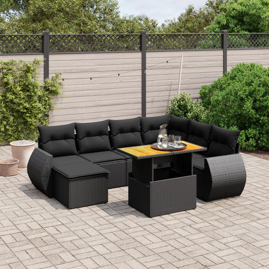 8-tlg. Garten-Sofagarnitur mit Kissen Schwarz Poly Rattan