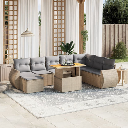 9-tlg. Garten-Sofagarnitur mit Kissen Beige Poly Rattan