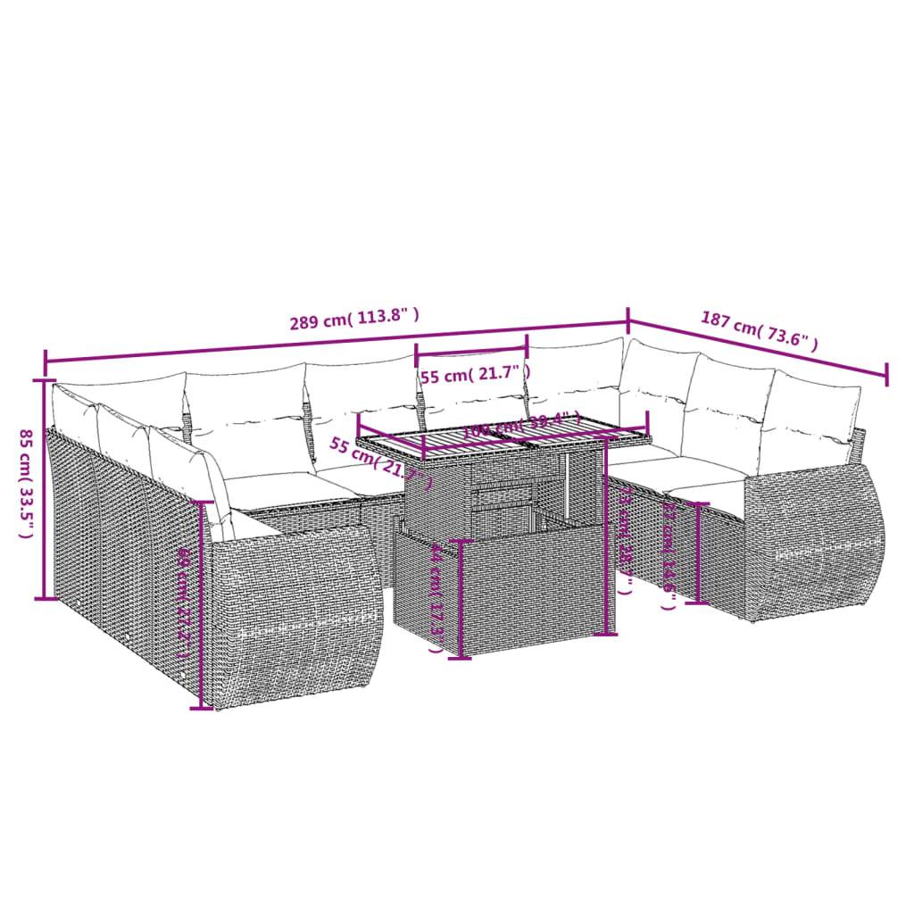 10-tlg. Garten-Sofagarnitur mit Kissen Schwarz Poly Rattan