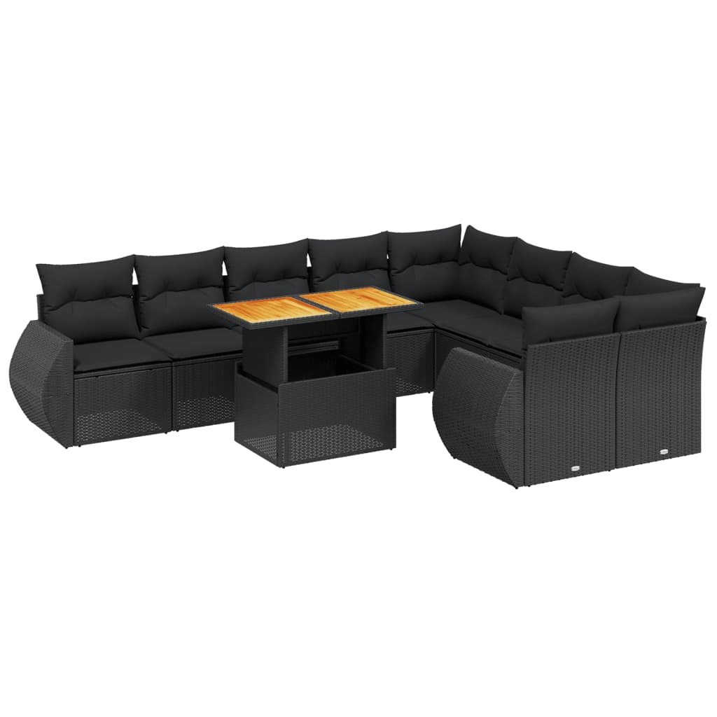 10-tlg. Garten-Sofagarnitur mit Kissen Schwarz Poly Rattan