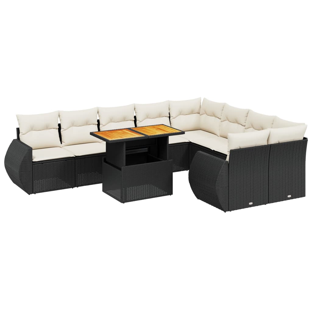 10-tlg. Garten-Sofagarnitur mit Kissen Schwarz Poly Rattan