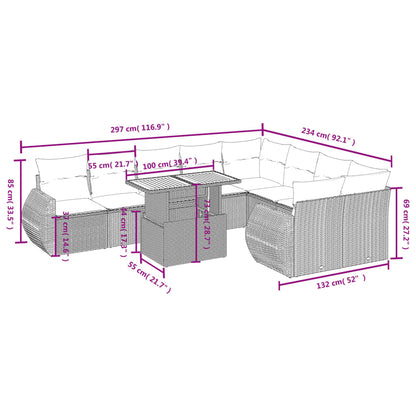 10-tlg. Garten-Sofagarnitur mit Kissen Grau Poly Rattan