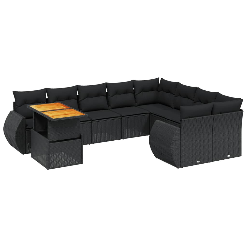 10-tlg. Garten-Sofagarnitur mit Kissen Schwarz Poly Rattan