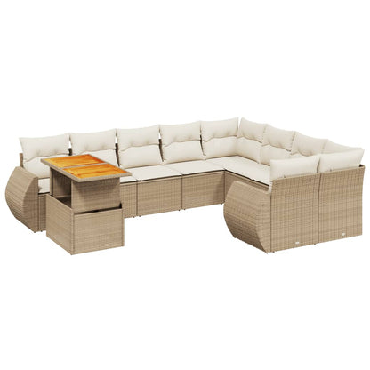 10-tlg. Garten-Sofagarnitur mit Kissen Beige Poly Rattan