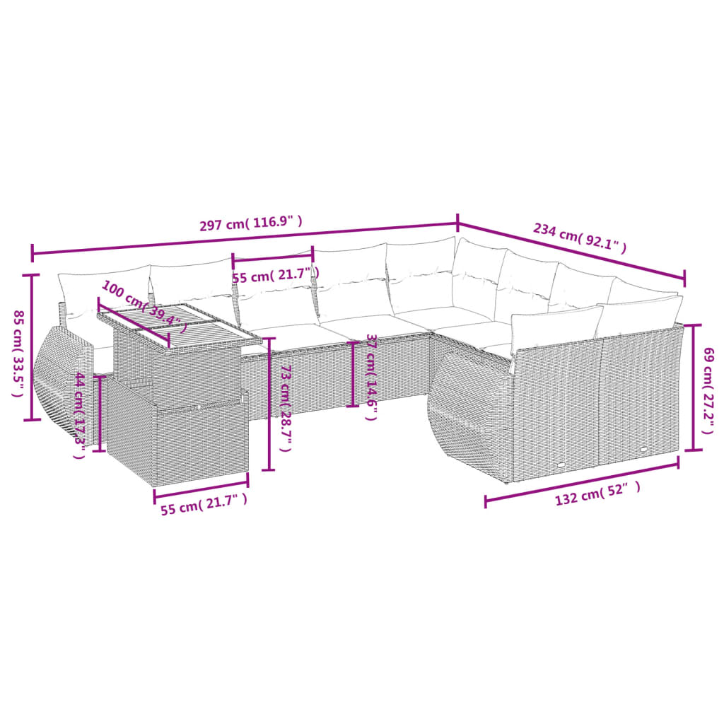 10-tlg. Garten-Sofagarnitur mit Kissen Beige Poly Rattan