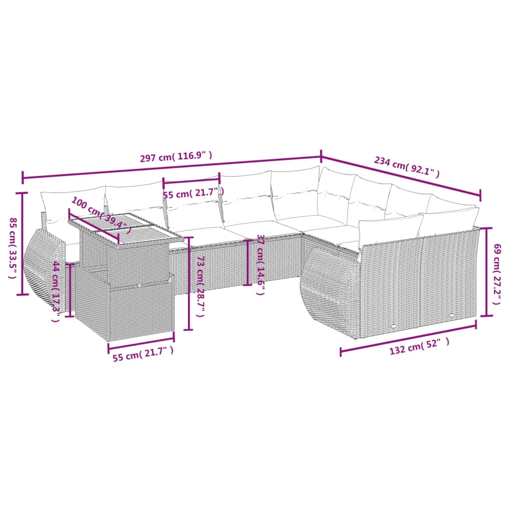 10-tlg. Garten-Sofagarnitur mit Kissen Grau Poly Rattan