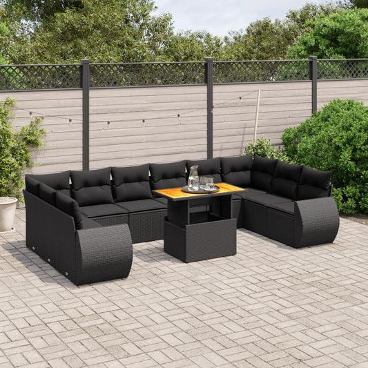 11-tlg. Garten-Sofagarnitur mit Kissen Schwarz Poly Rattan