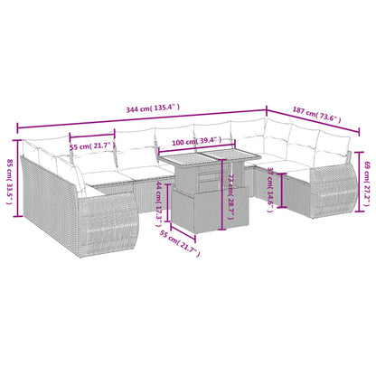 11-tlg. Garten-Sofagarnitur mit Kissen Schwarz Poly Rattan