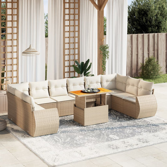 11-tlg. Garten-Sofagarnitur mit Kissen Beige Poly Rattan