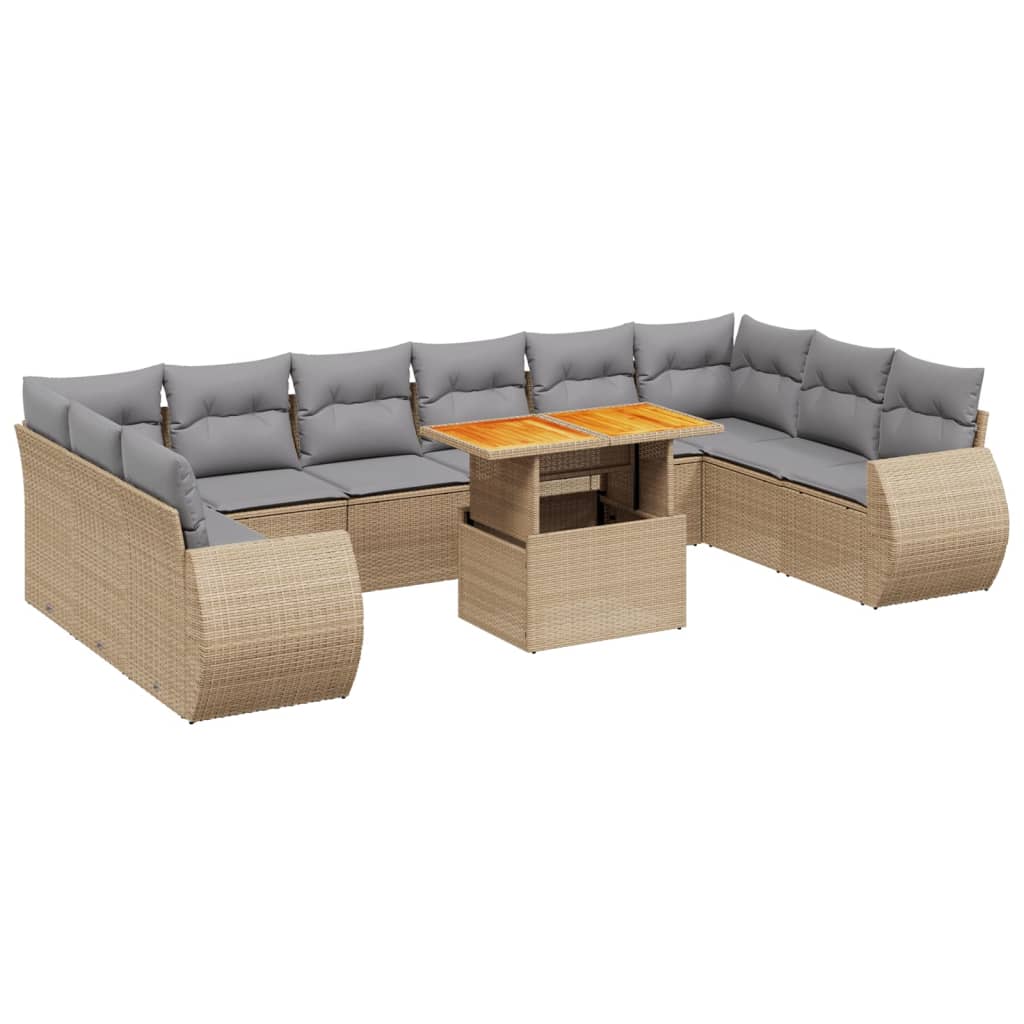 11-tlg. Garten-Sofagarnitur mit Kissen Beige Poly Rattan