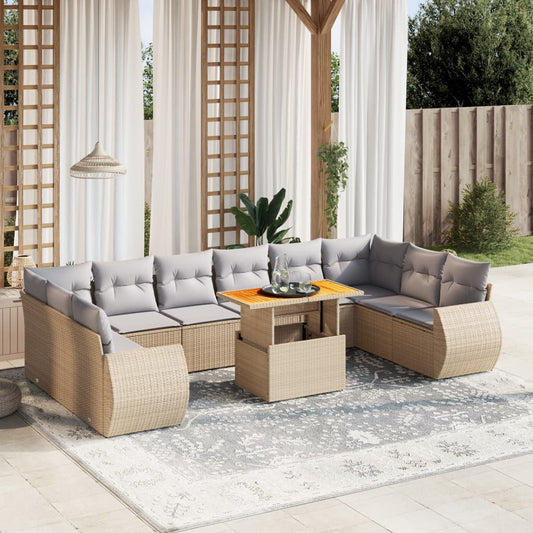 11-tlg. Garten-Sofagarnitur mit Kissen Beige Poly Rattan