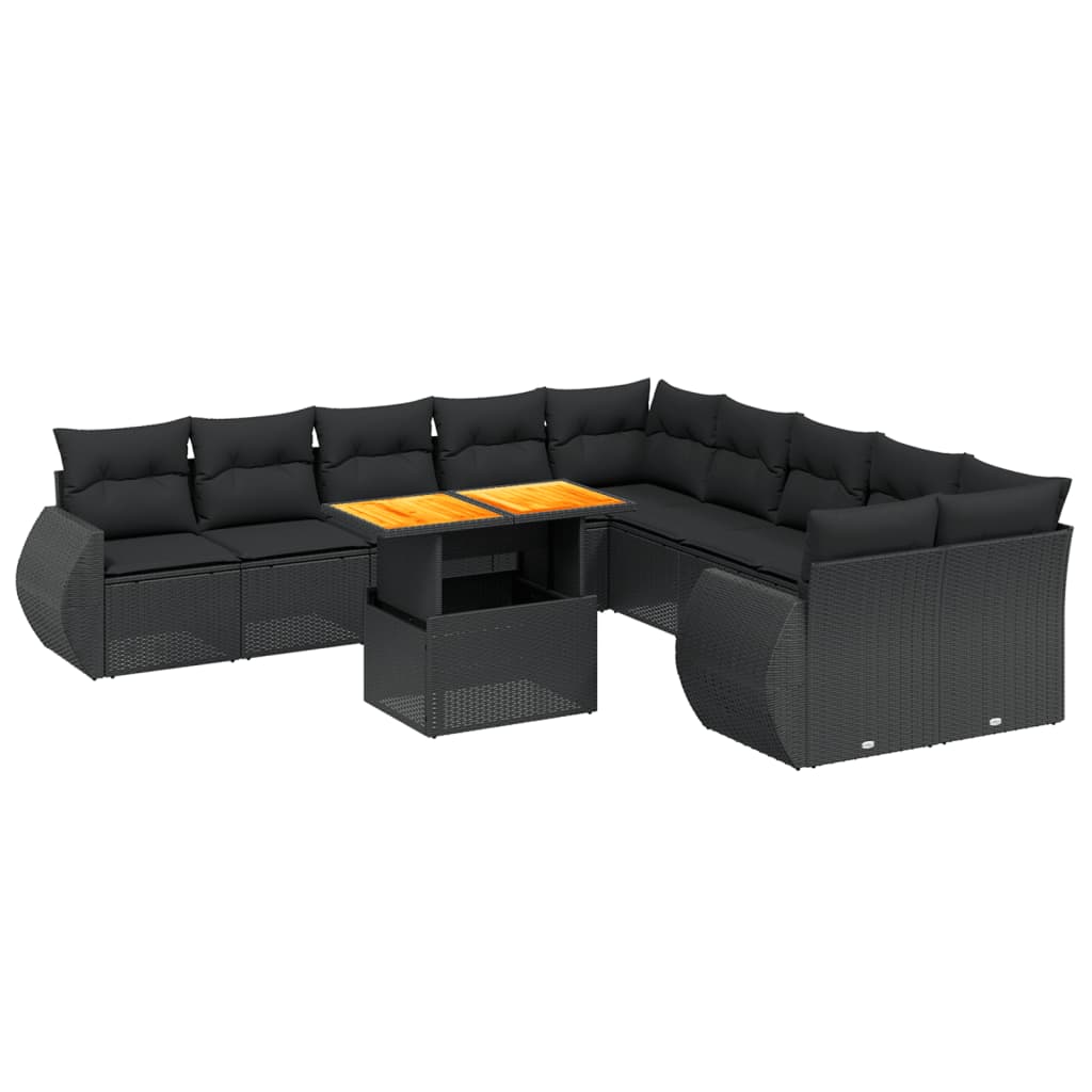 11-tlg. Garten-Sofagarnitur mit Kissen Schwarz Poly Rattan