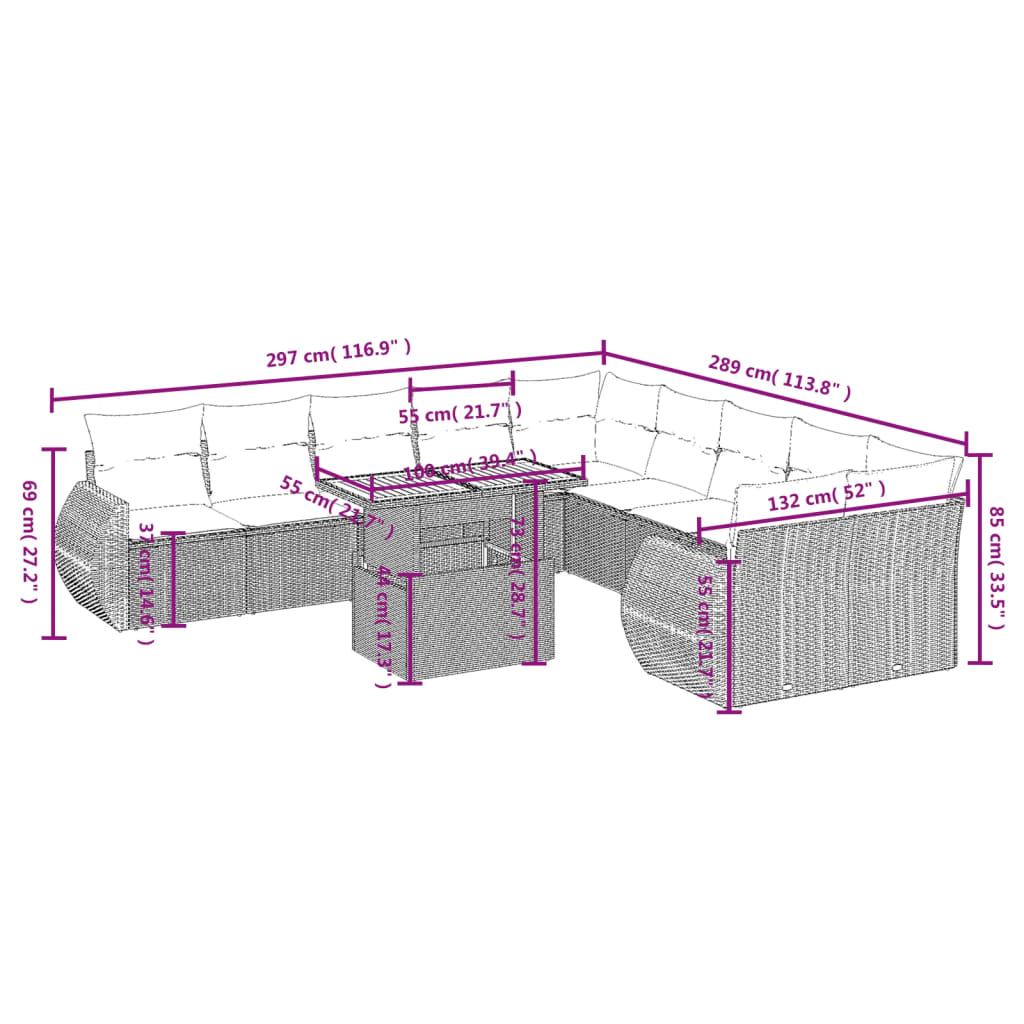 11-tlg. Garten-Sofagarnitur mit Kissen Grau Poly Rattan