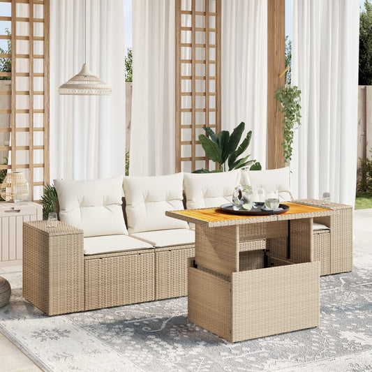 5-tlg. Garten-Sofagarnitur mit Kissen Beige Poly Rattan