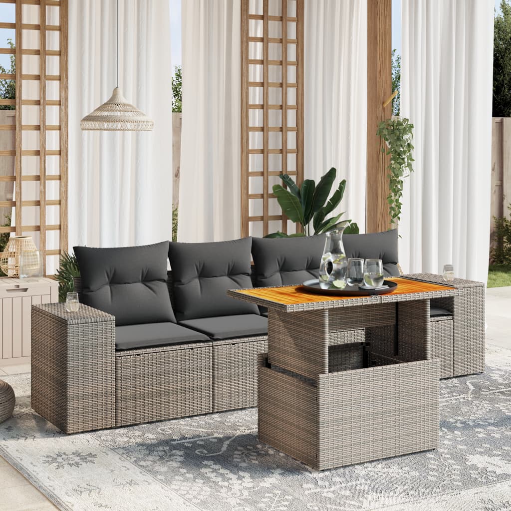 5-tlg. Garten-Sofagarnitur mit Kissen Grau Poly Rattan