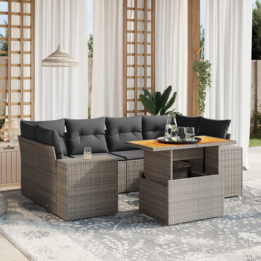 7-tlg. Garten-Sofagarnitur mit Kissen Grau Poly Rattan