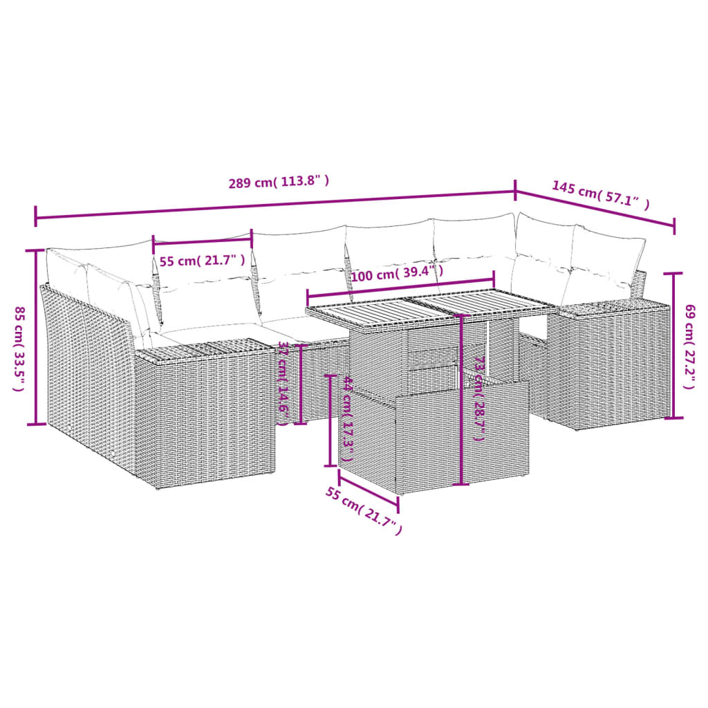 8-tlg. Garten-Sofagarnitur mit Kissen Grau Poly Rattan