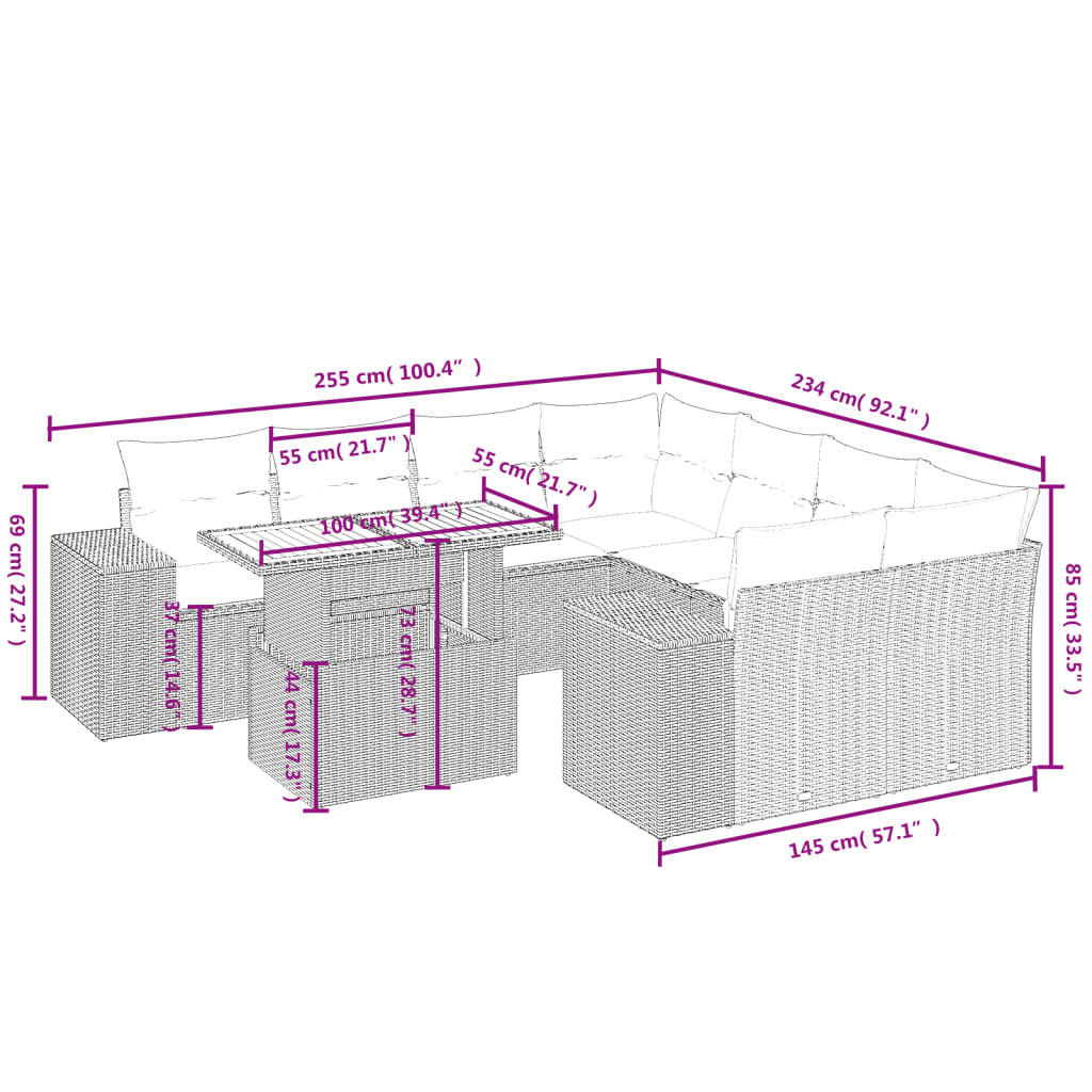 9-tlg. Garten-Sofagarnitur mit Kissen Schwarz Poly Rattan